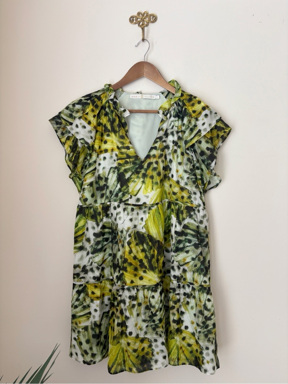 Marie Oliver Green Clover Palm Print Silk Mini Dress Small